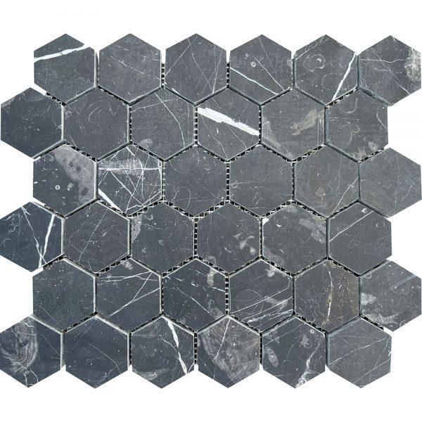 Black Swan Honed Marble Hexagon Mosaic 2"