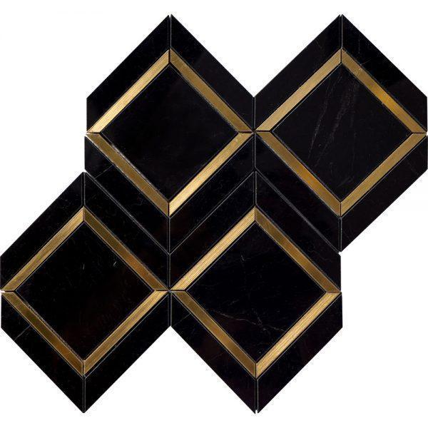 Brass and Black Honed Marble Diamond Mosaic