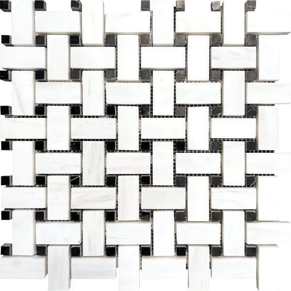 Dolomite Marble Basketweave Black Dot Mosaic